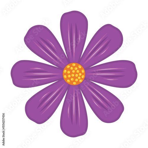 Bright Purple Daisy with Textured Petals Vector Illustration. A stylized purple daisy with nine smooth, rounded petals radiating from a bright golden-yellow center.