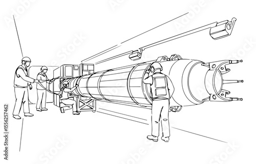 technicians inspecting submarine missile outline vector