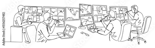command center with officers and monitors outline vector