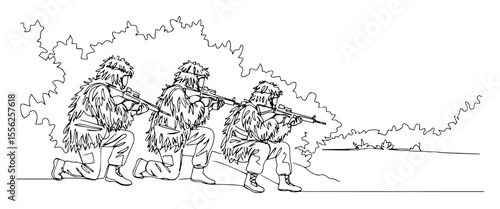 squad in camouflage advancing through forest outline vector