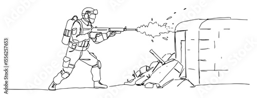 soldier firing at bunker in combat outline vector
