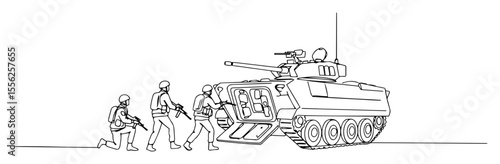 infantry disembarking from armored vehicle outline vector