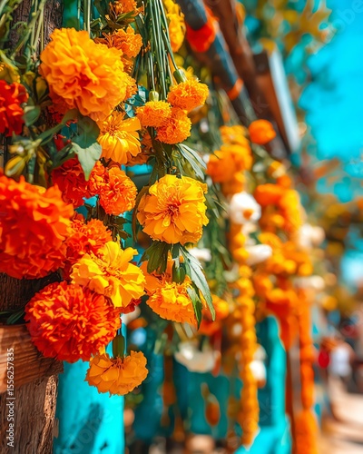 A vibrant display of marigold flowers in bright hues of orange and yellow, creating a lively and colorful atmosphere against a blue backdrop.