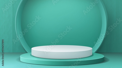 Minimalist Green Display Podium with Tropical Leaves in Natural Lighting
