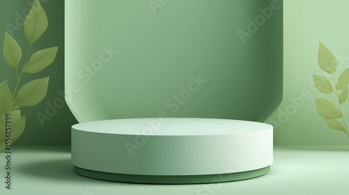 Minimalist Green Display Podium with Tropical Leaves in Natural Lighting
