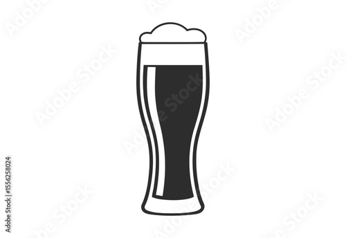 Simple black and white outline icon of a beer glass filled with dark beer and foam