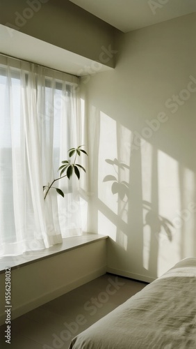 Sunlit Bedroom with Plant and Shadow Reflections