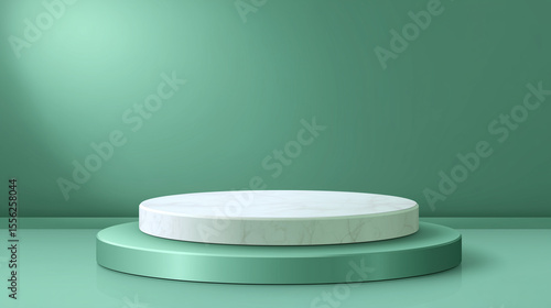Minimalist Green Display Podium with Tropical Leaves in Natural Lighting
