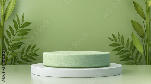 Minimalist Green Display Podium with Tropical Leaves in Natural Lighting
