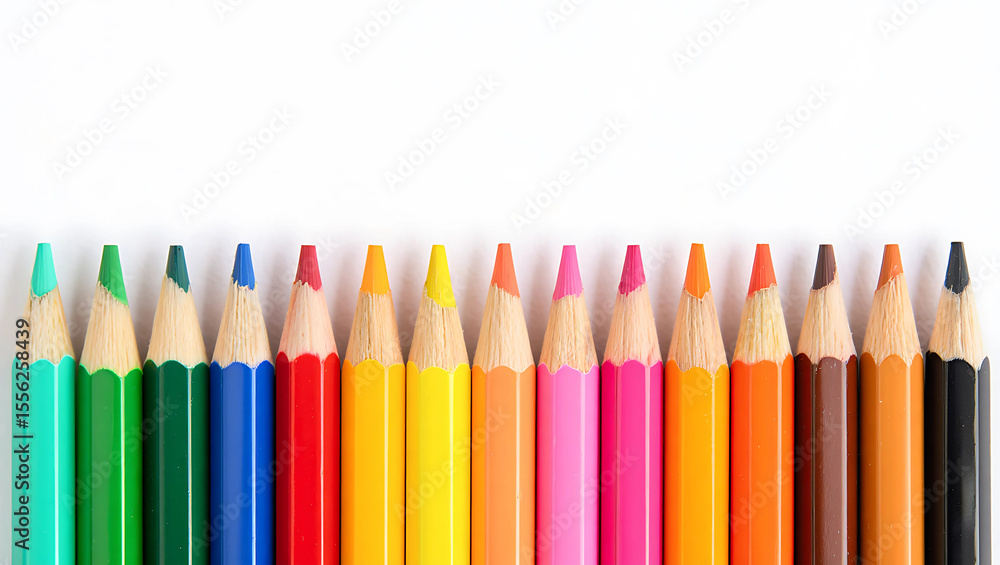 Fototapeta premium Colorful Crayons Arranged in a Row on White Background