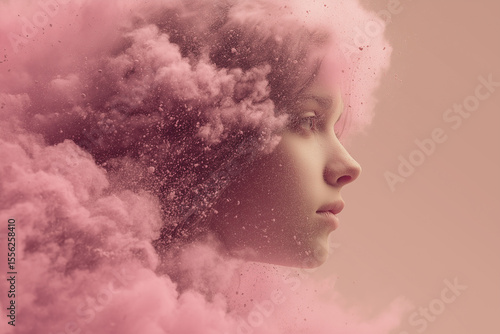  Abstract Monochrome Portrait of a Woman Emerging from a Cloud of Powder on the pink Beige background 