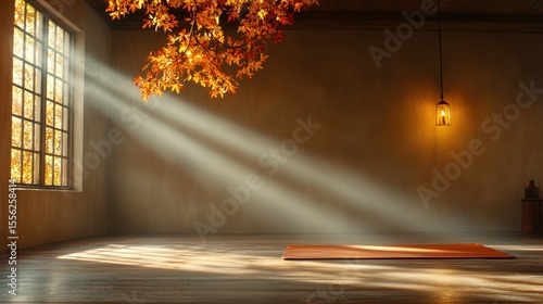 Serene Yoga Space with Soft Sunlight and Autumn Leaves in Tranquil Atmosphere