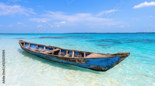 Weathered Wooden Boat on Clear Turquoise Water under Bright Blue Sky