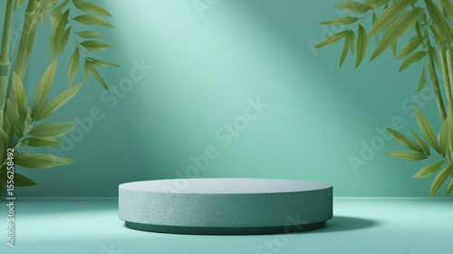 Minimalist Green Display Podium with Tropical Leaves in Natural Lighting
