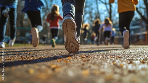 Focus on students feet running across the schoolyard during a game of tag.