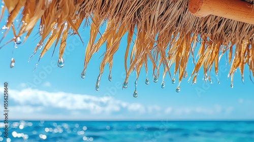 Tropical Beach Scene with Raindrops on Straw Roof and Clear Blue Ocean Views