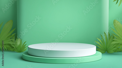 Minimalist Green Display Podium with Tropical Leaves in Natural Lighting
