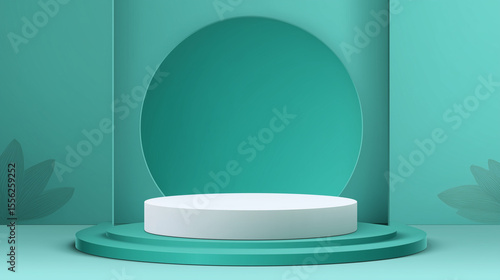 Minimalist Green Display Podium with Tropical Leaves in Natural Lighting
