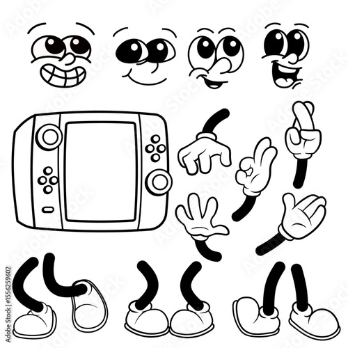 Cartoon Game Console Character Kit with Eyes, Hands, and Shoes in Vector Styl