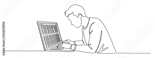 man working on laptop line art illustration
