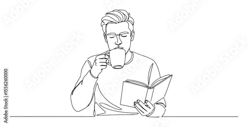 man drinking coffee and reading book