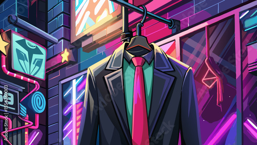 A matte black skinny tie, slim and minimalist, hangs from a hanger next to a leather jacket. Graffiti walls, neon signs, and city lights blur in the backdrop, hinting at nightlife culture and youthful