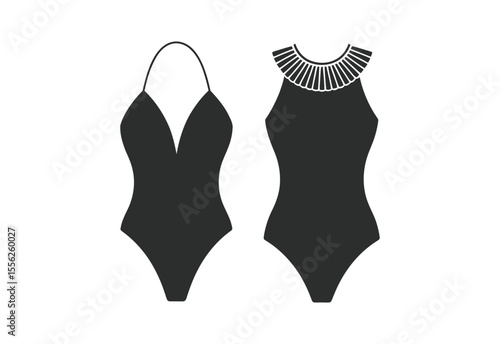 Two silhouette one piece swimsuits with different necklines on a white background