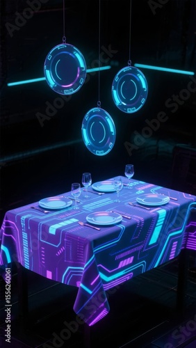 Futuristic Dining Table with Neon Lights and Hanging Decorations