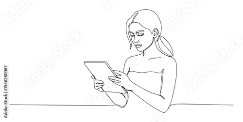 woman using tablet device line drawing