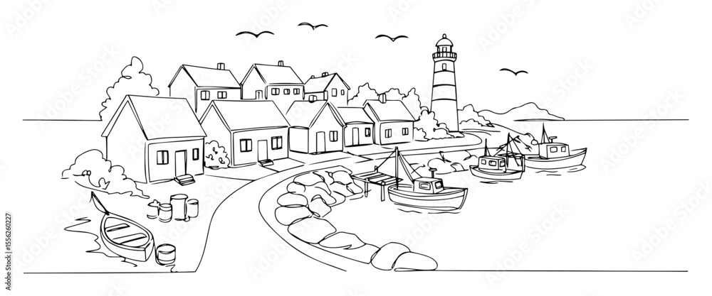 Obraz premium coastal village with lighthouse and boats
