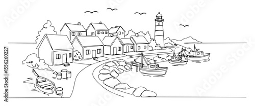 coastal village with lighthouse and boats