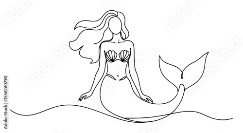 mermaid sitting on waves line drawing