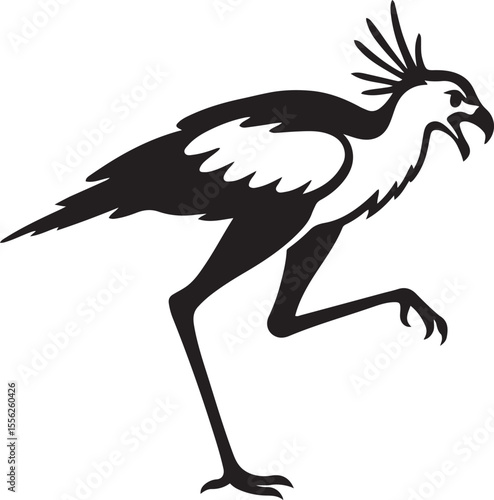 Action silhouette of secretary bird bold pose, Wildlife vector sketch in motion