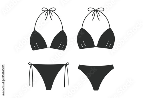 Two simple black bikini sets with tie straps on a white background