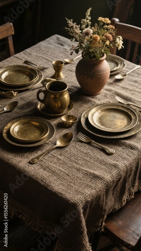 Rustic Table Setting with Brass Plates and Ceramic Vase