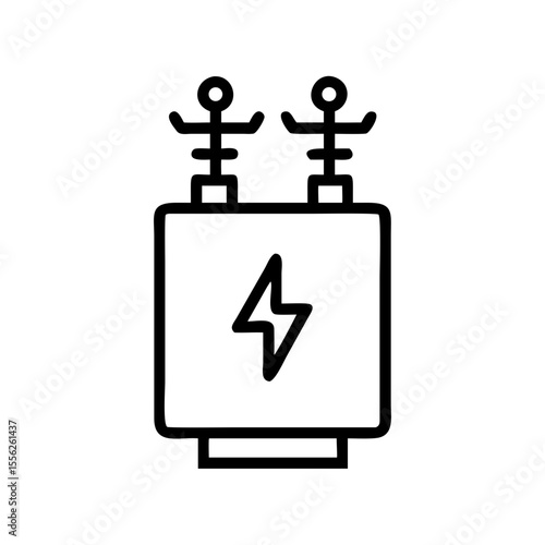 Electric transformer device with lightning symbol and two terminals. Electrical power distribution concept. Vector icon in outline flat style