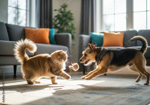 Cute dog and cat playing together with a toy indoors. Harmony between pets and happy home life