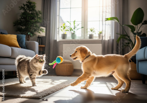 Cute dog and cat playing together with a toy indoors. Harmony between pets and happy home life