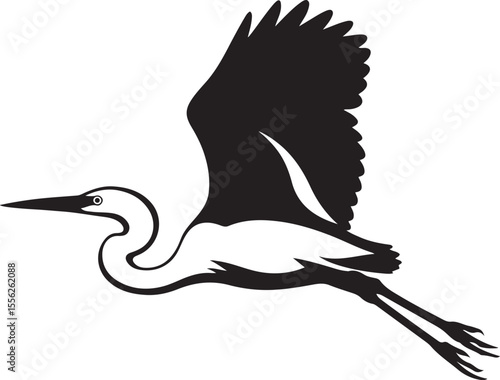 Heron silhouette in flight graceful pose, Wading bird flying black and white style
