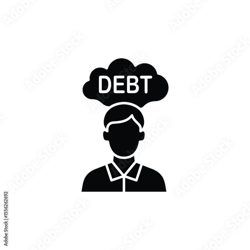 A simple black and white icon depicting a person with a thought bubble indicating debt.