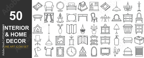 50 Line Art Vector Icons of Interior and Home Decor Featuring Furniture, Lighting, Decorative Items, and Room Essentials for Use in Architecture, UI Design, Real Estate, and Home Improvement Projects