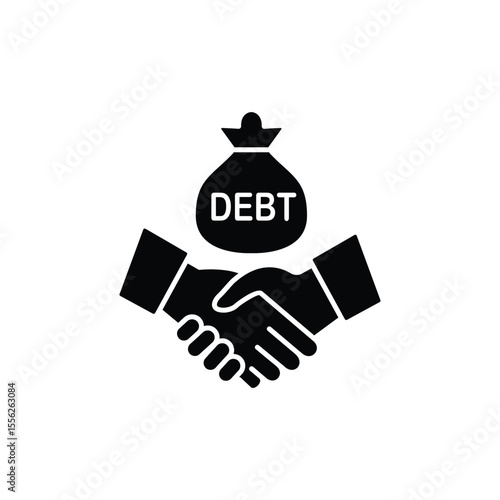 Black icon of a handshake with a debt bag above, symbolizing a financial deal or agreement.