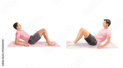 Man training on mat. man during Kegel exercise, watercolor clipart illustration with isolated background.