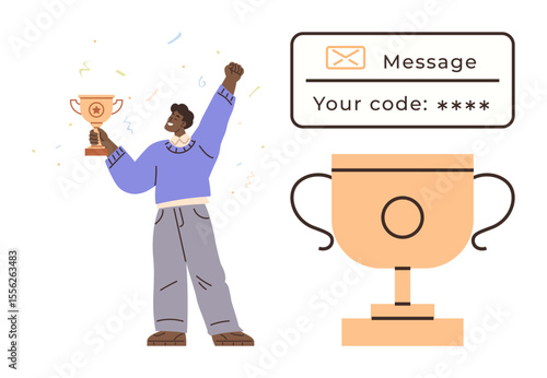 Man celebrating with a trophy, festive confetti, and reward notification. Ideal for recognition, rewards, celebrations, success, achievements motivation contests. Simple flat metaphor