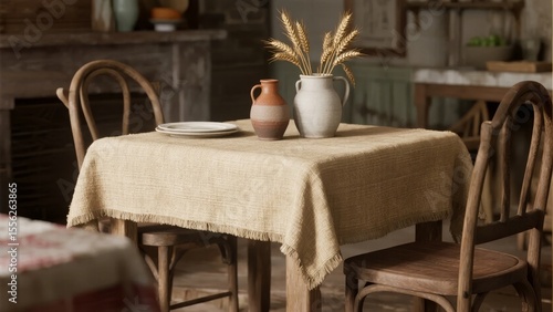 Rustic Dining Table with Linen Cloth, Ceramic Vases, and Wheat Arrangement