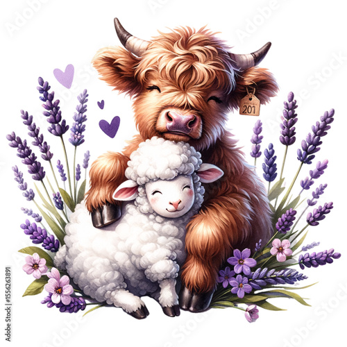 Highland Cow and Sheep Embrace: A heartwarming scene of a Highland cow and a sheep sharing a tender embrace amidst a vibrant lavender field, celebrating friendship and joy.