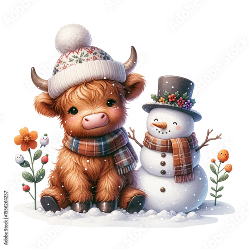 Winter's Embrace: A charming highland cow and snowman create a heartwarming winter scene, nestled in a snowy wonderland, each adorned in cozy winter wear.