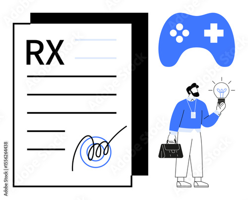 Prescription form with official signature and bold RX, gaming controller with health cross, and professional holding idea bulb. Ideal for digital health, e-health, gamification, telemedicine, patient