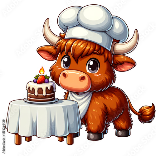 Cow Chef's Dessert Delights: A charming, cartoon-style illustration of a cow chef, complete with a chef's hat and neckerchief, stands proudly beside a beautifully decorated birthday cake
