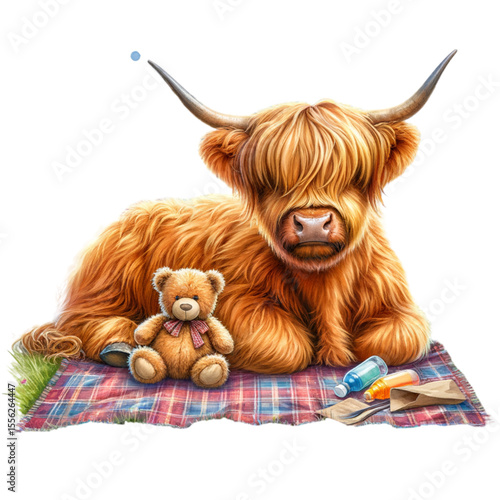 Highland Cow's Serene Moment: A charming Highland cow, rests peacefully on a picnic blanket with a teddy bear, capturing a whimsical scene of tranquility and joy. 